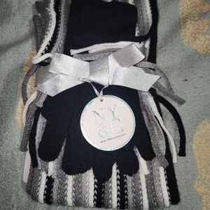 NY&C Black Knit Gloves with Gray & White Striped Scarf Set
